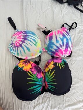 Victoria’s Secret PINK rainbow Tie-Dye Tropical Floral Push-Up Bras x 2 36D